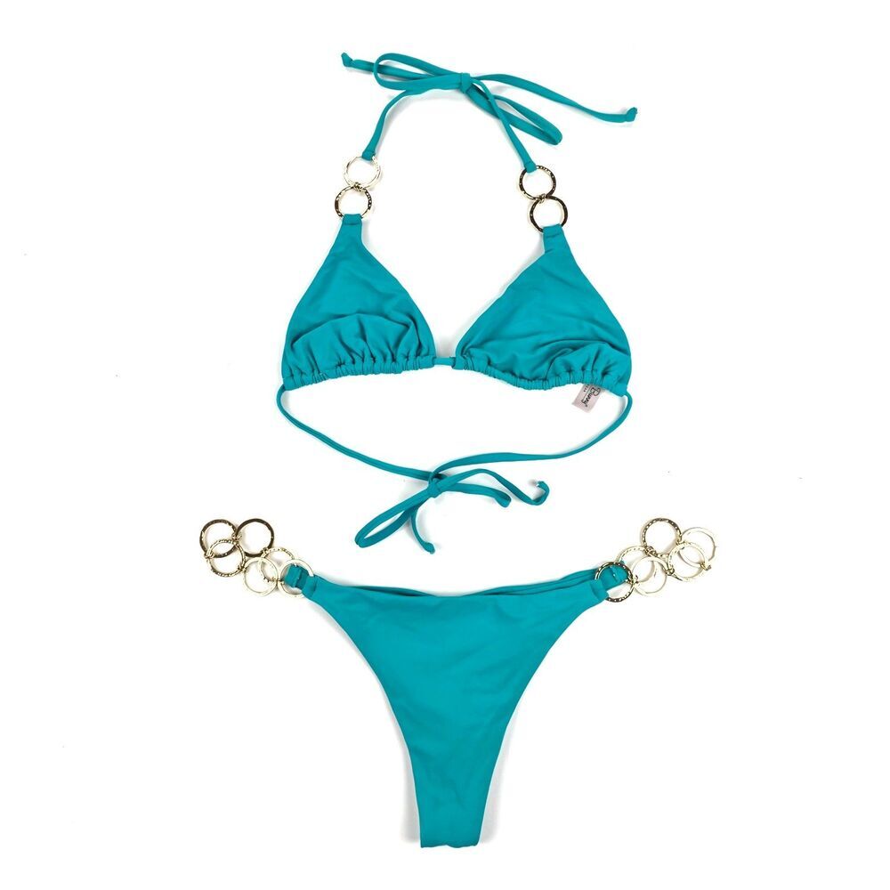 BEACH BUNNY Nadia Triangle Top Lexi Tango Bottom Bikini Set Teal 90s Y2k Baddie
